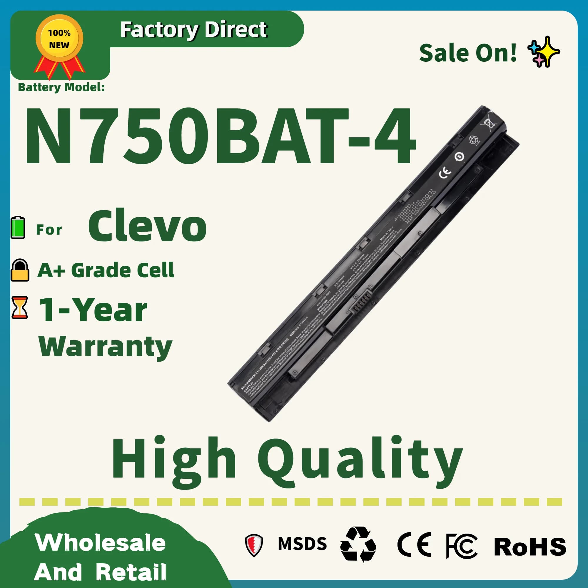 Fabbrica diretta! N750BAT-4 6 Batteria del computer portatile per Clevo N750BU N751BU N750WU N750S Serie 87-N750S-31C00 6-87-N750S-4EB1 4EB2 3CF1