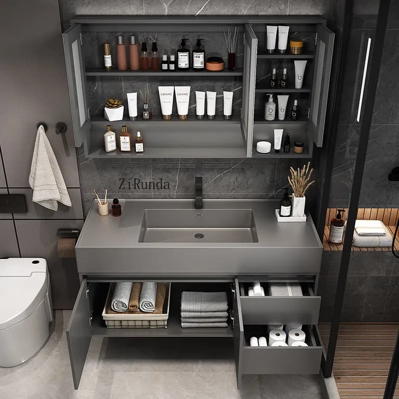 Mobile da bagno di lusso leggero con specchio integrato, lavabo in roccia moderno e minimalista