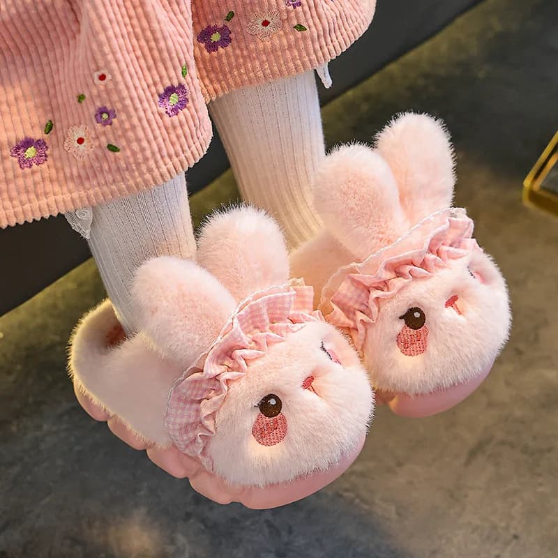 Pantofole da coniglio in peluche per bambini - Scarpe da casa invernali con schienale chiuso, calde stivaletti foderati in pile per ragazze e coppie di famiglia abbinate