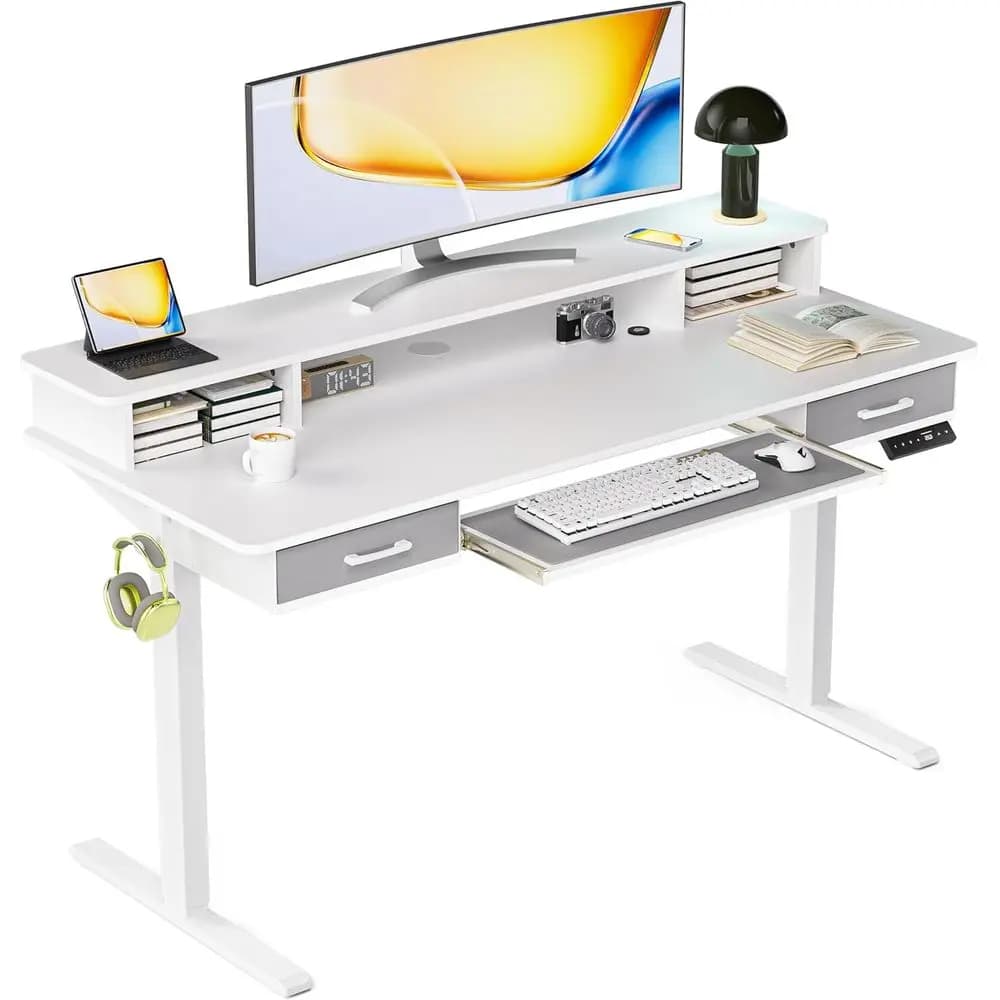 Scrivania Regolabile in Altezza 55x24 con Vassoio per Tastiera, Scrivania Ergonomica Sit-Stand con Spazio di Archiviazione e Supporto per Monitor, Bianca