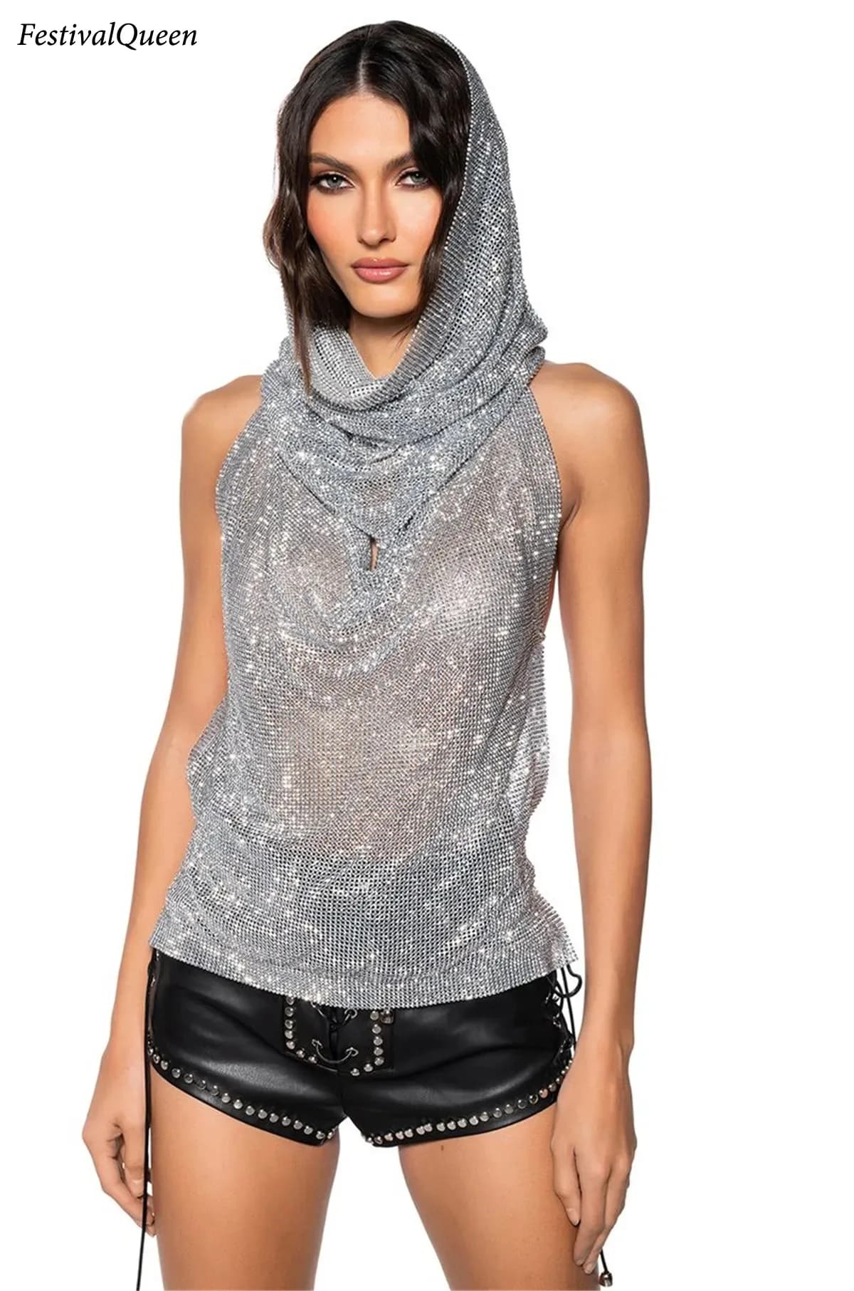 Y2K Streetwear strass donna canotta Punk Goth Hip Hop Bandana Head Wraps Vest Rave Festival donna Top Tee per discoteca