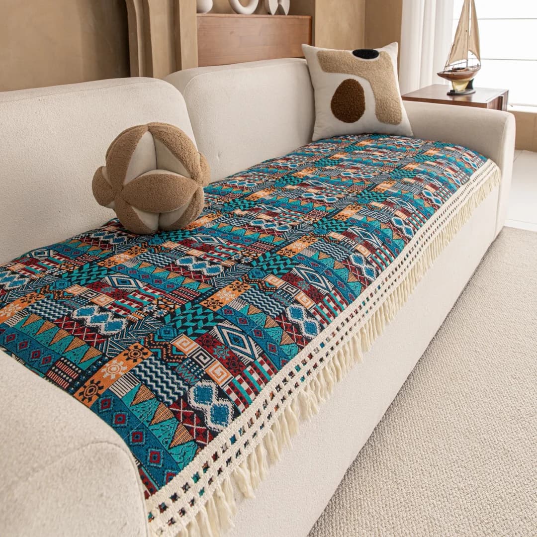 Ethnic Bohemian Jacquard Thick Quilting Sofa Cover, Anti-Slip Thick