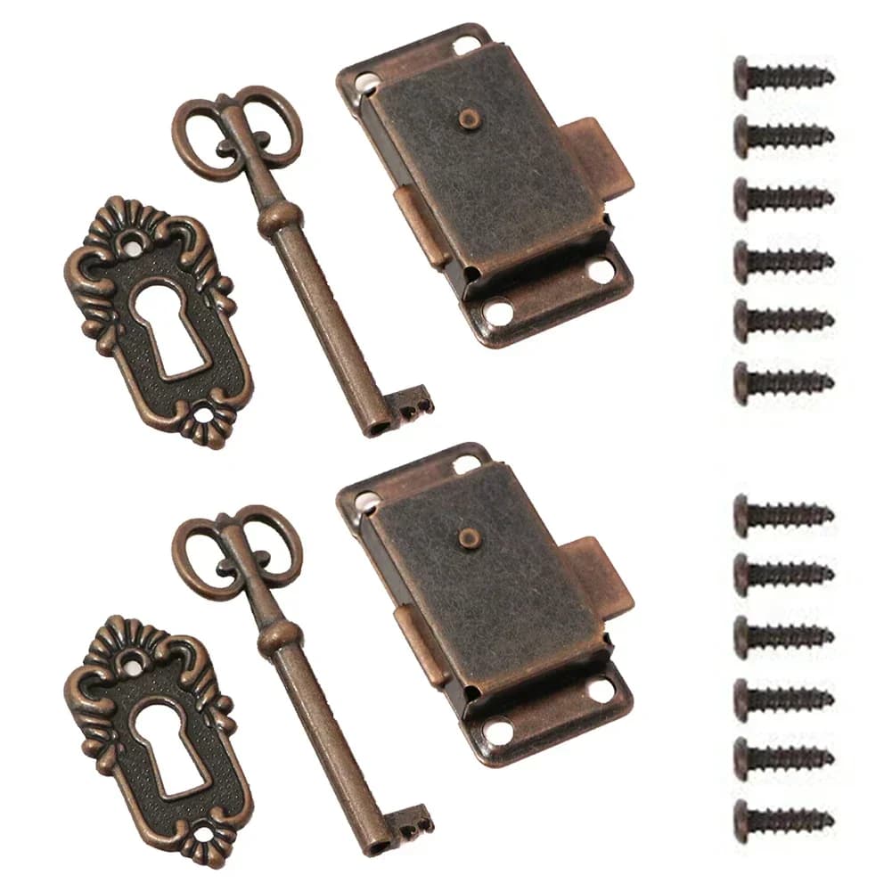 2 Set Serrature per porte in lega di zinco con viti Serratura per mobili in bronzo rosso per scatole di legno vintage Cassette per gioielli Strumenti hardware per cassetti