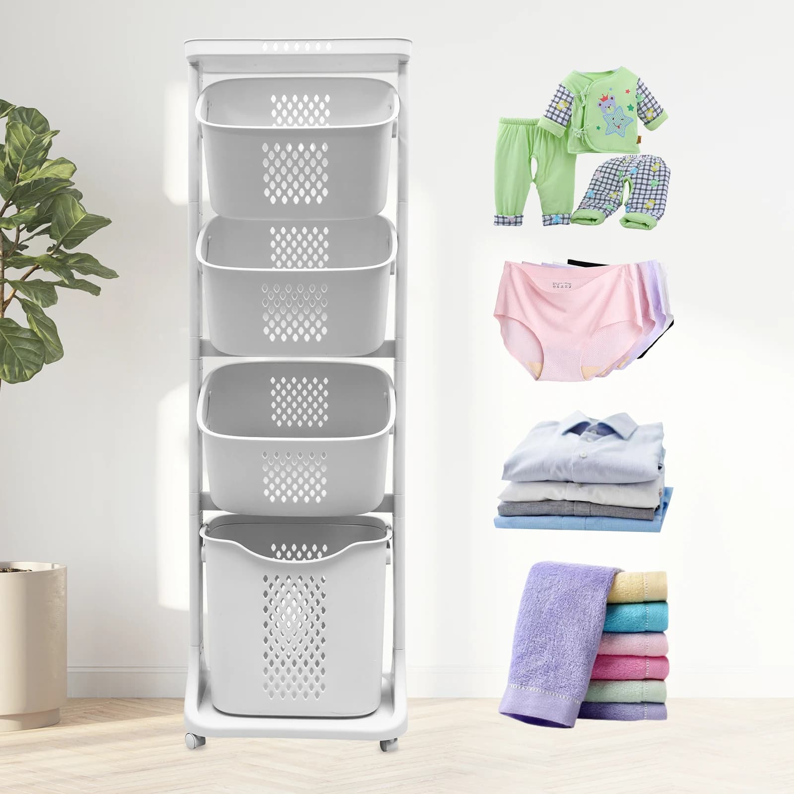 2/4-level whiteboard, removable storage bucket, plastic basket with 4 white wheels