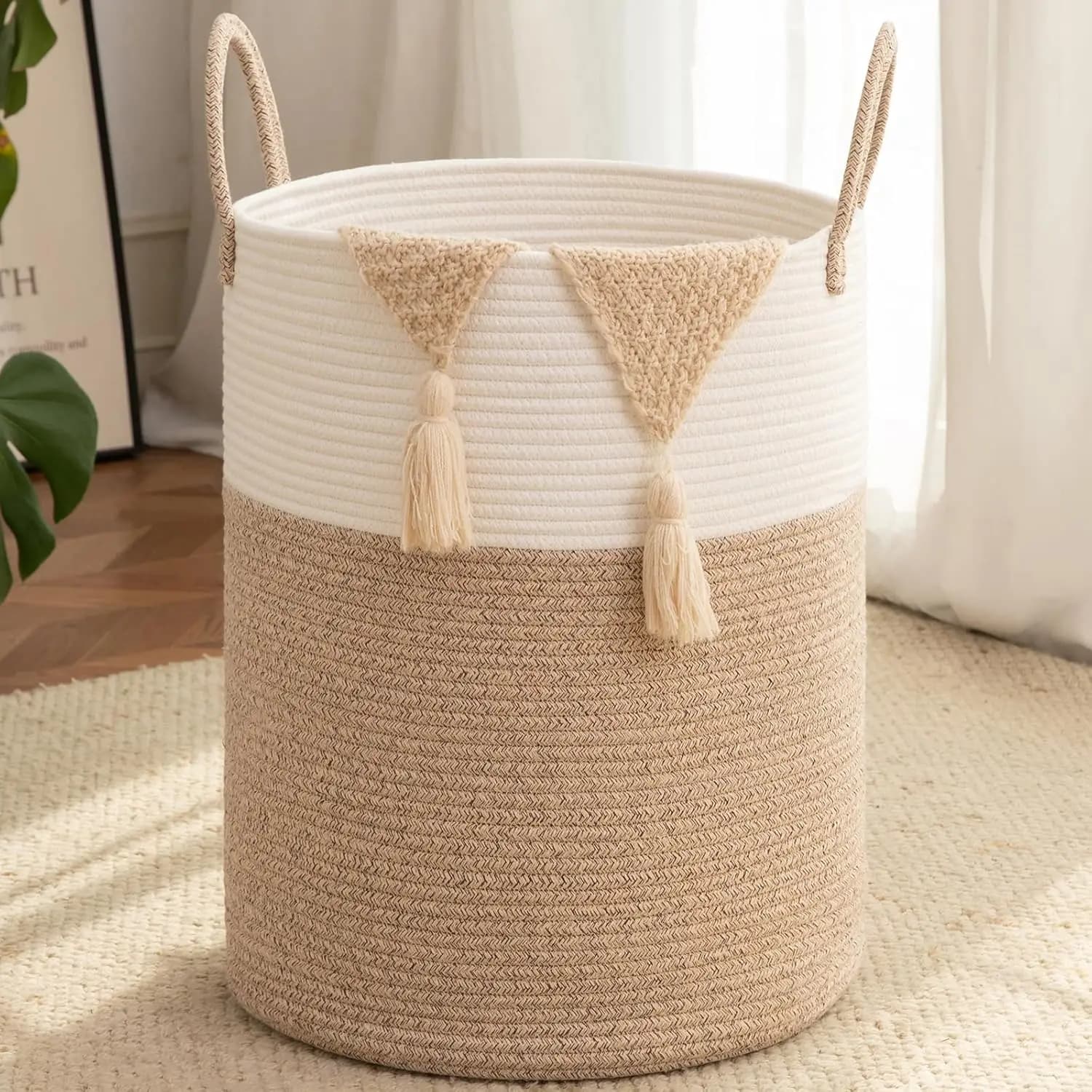 Large Laundry Basket Hamper - 60L Cotton Rope Woven Basket for Blankets, Toys, Clothes - Tall Decorative Nursery Hamper with Lon