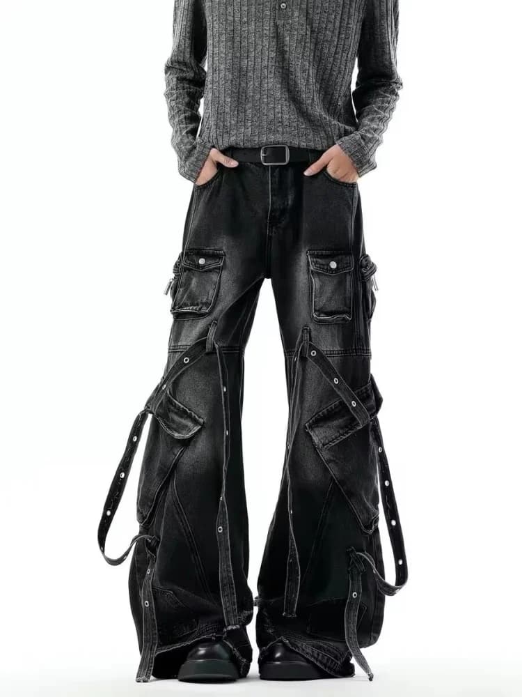 2026 Punk Y2K Style Multi Pockets Washed Black Baggy Cargo Jeans Pants For Men Clothing Wide Leg New Rock Luxury Long Trousers