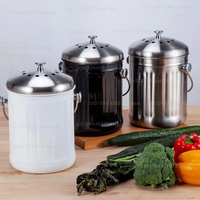 Contenitore per Rifiuti da Cucina in Acciaio Inox con Filtro per Carbone Attivo, Bidone per Compostaggio Domestico Durevole per Residui Vegetali e Pelature