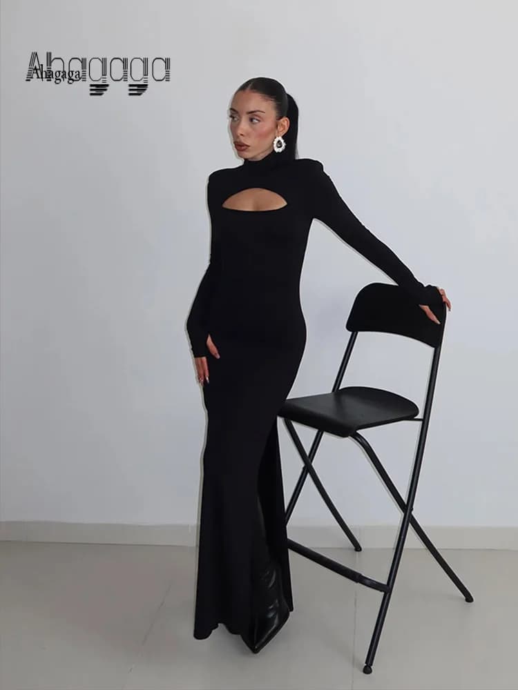 Ahagaga Guaina sexy Abiti maxi da donna Dolcevita solido Maniche lunghe regolari Scava fuori Slim Fit Aderente Abiti da festa Abiti
