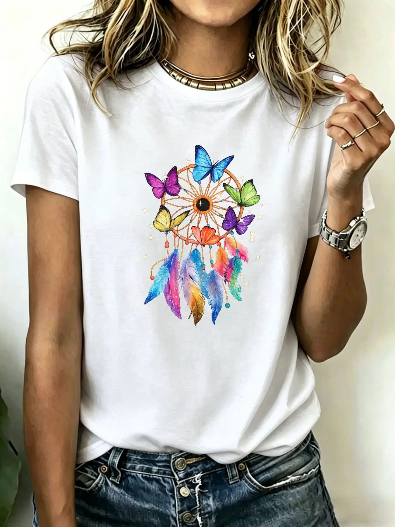 Plus-size Women's T-shirts, Dreamcatcher Butterfly Print Casual Tops, Round Neck Short Sleeve Summer T-shirt