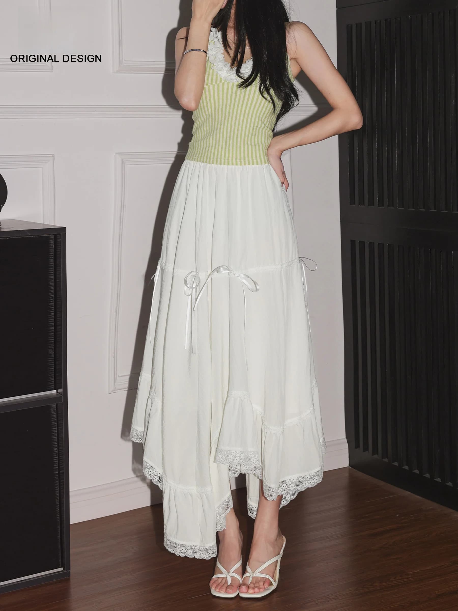 Romantic White A-Line Skirt Women's New 2026 Summer Knot Lace Splicing Layered Skirt Casual High Waist Elastic...