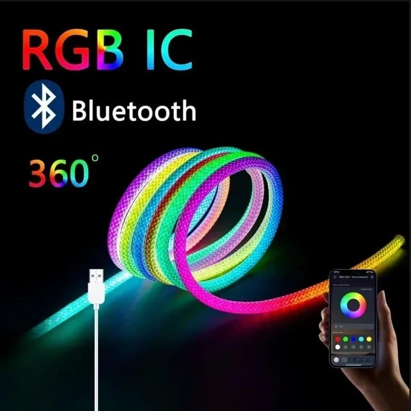 Striscia LED al neon con motivo reticolato rotondo alimentata tramite USB DC5V, controlabile tramite app con sincronizzazione musicale, luce flessibile in silicone RGBIC intelligente