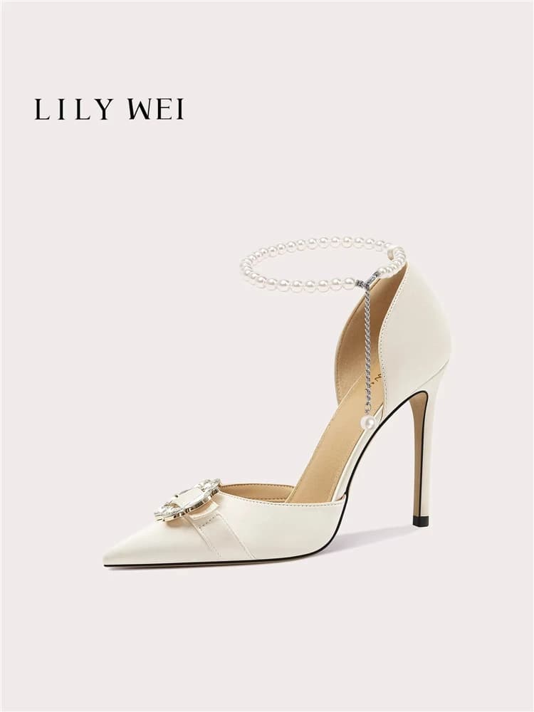 Summer pointed silk pearl rhinestone buckle wedding shoes banquet large size small size widened version high-heeled women sandal