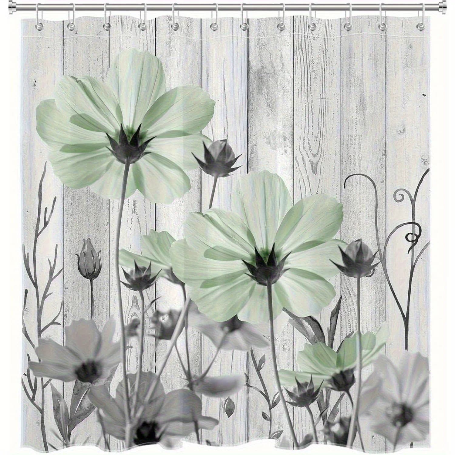 Tenda da doccia per bagno floreale verde salvia da 1 pezzo, piante floreali verdi e grigie su tenda da doccia rustica in legno vintage con ganci