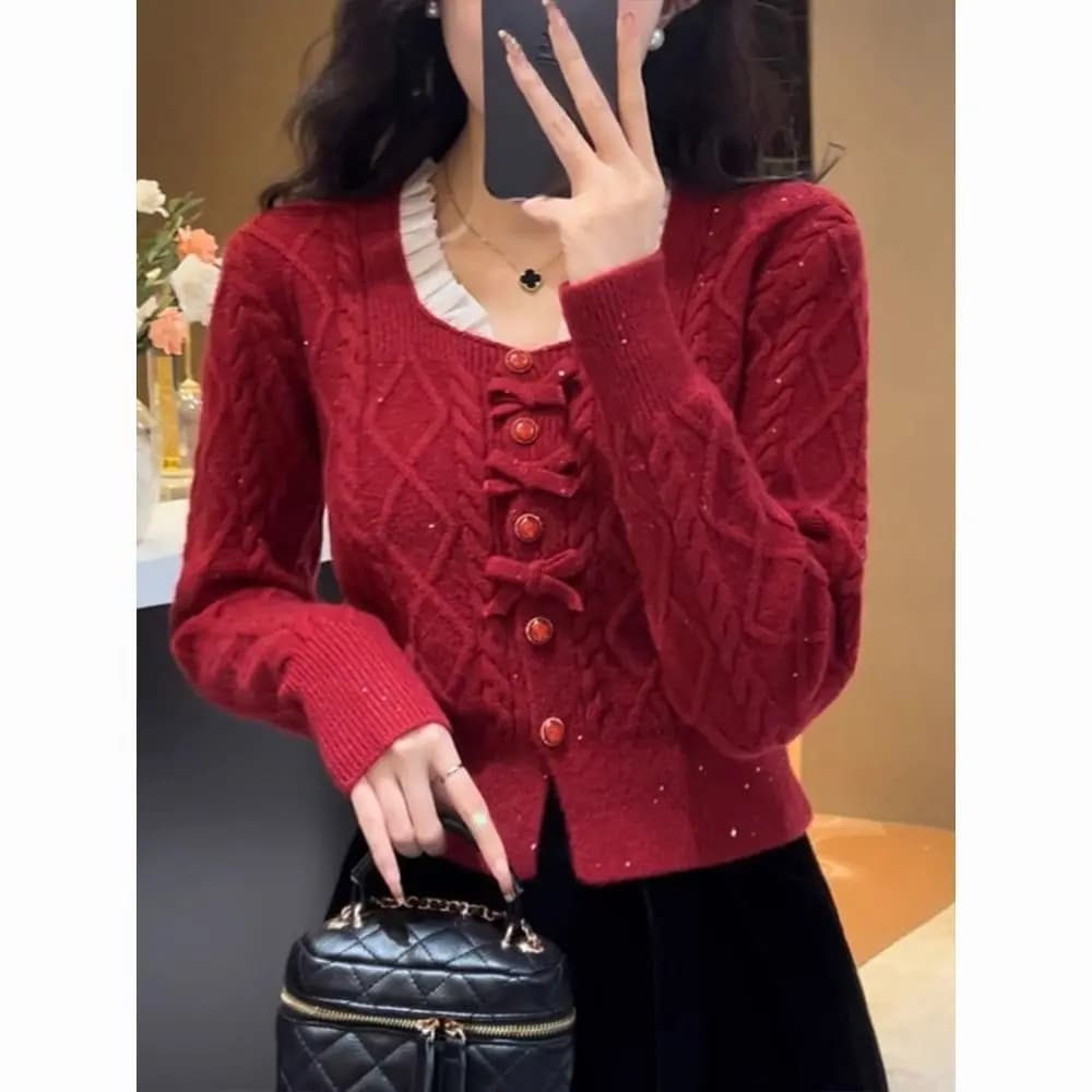 Giacca maglione con fiocco in pizzo francese per donna Top corto cardigan lavorato a maglia ampio e alla moda primaverile e autunnale