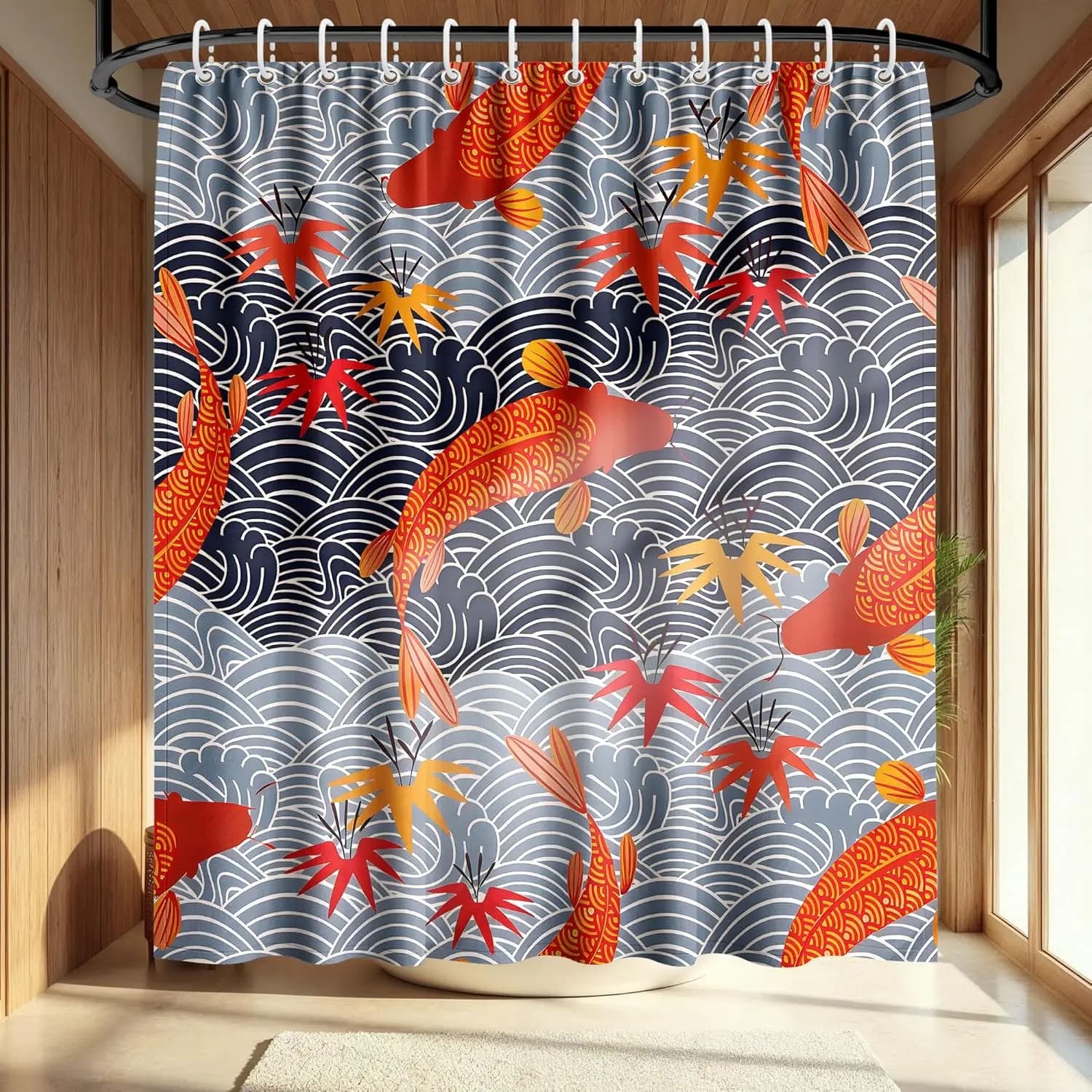 Tenda da doccia con pesci Koi, decorazione per il bagno in stile giapponese con stampa artistica ondulata, tenda da bagno in tessuto poliestere impermeabile con 12 ganci