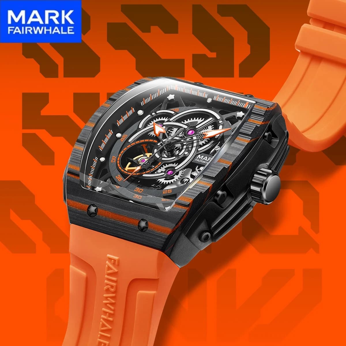 Orologio da uomo Mark Fairwhale Fashion con cassa in fibra di carbonio, movimento meccanico automatico scheletrato, luminoso e impermeabile.