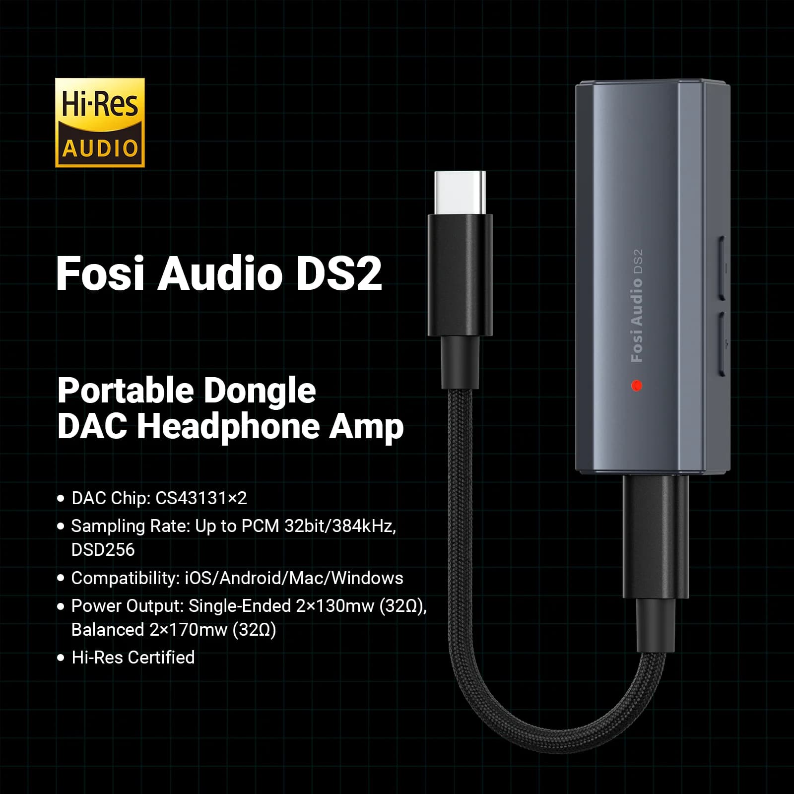 Dongle DAC Audio USB Mini DS2, Amplificatore per Cuffie, Decoder DSD, Supporto 32bit/384kHz con Uscite Bilanciate 3.5MM e 4.4MM