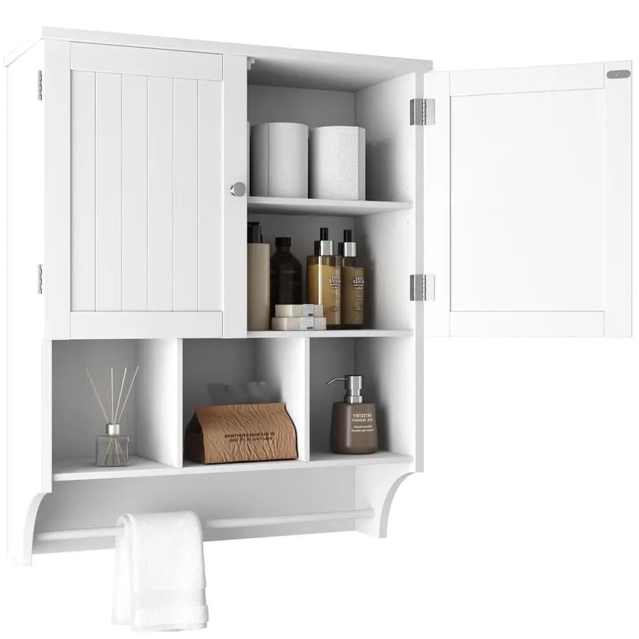Armadietto da bagno a parete, mobiletto porta medicinali sopra il WC con portasciugamani, 2 ante, ripiani regolabili, ampio spazio