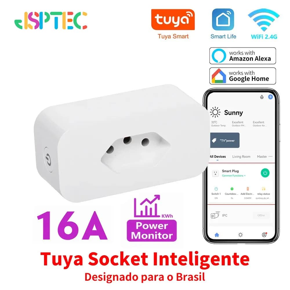 Tuya 16A Brazil Standard WiFi Smart Plug with Smart Life APP Power Monitor Intelligent Work Vocal for Google Home Alexa