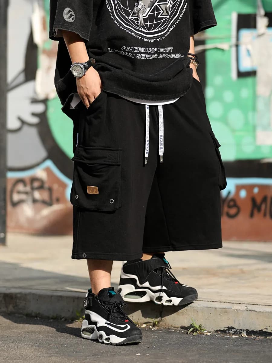 Pantaloncini in pile traspiranti con coulisse e elastico, stile streetwear americano, casual, in cotone, per il tempo libero estivo