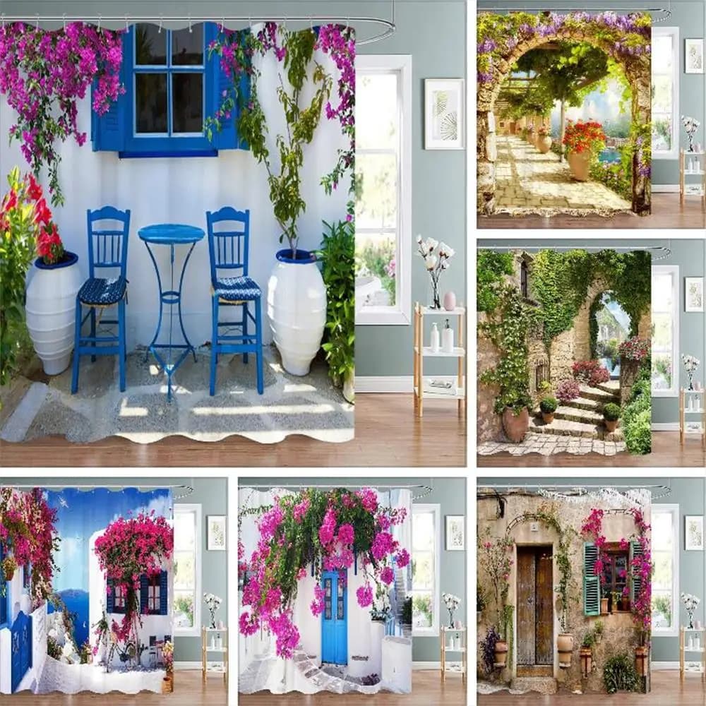 Tende da doccia con fiori e recinzioni, blu, con finestre, paesaggi floreali naturali, piante, decorazioni moderne da appendere a parete per giardino, casa, bagno, con ganci