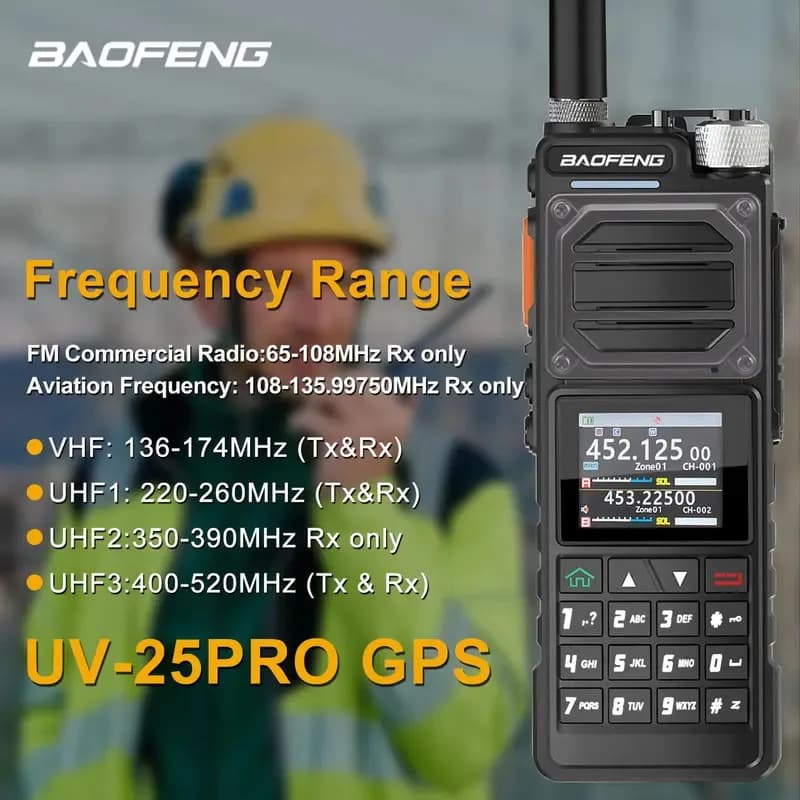 Baofeng UV-25PRO GPS Walkie Talkie 10W 1000Ch Air Band Multi-banda FM Vox Radio bidirezionale con batteria ricaricabile USB-C da 5200mAh