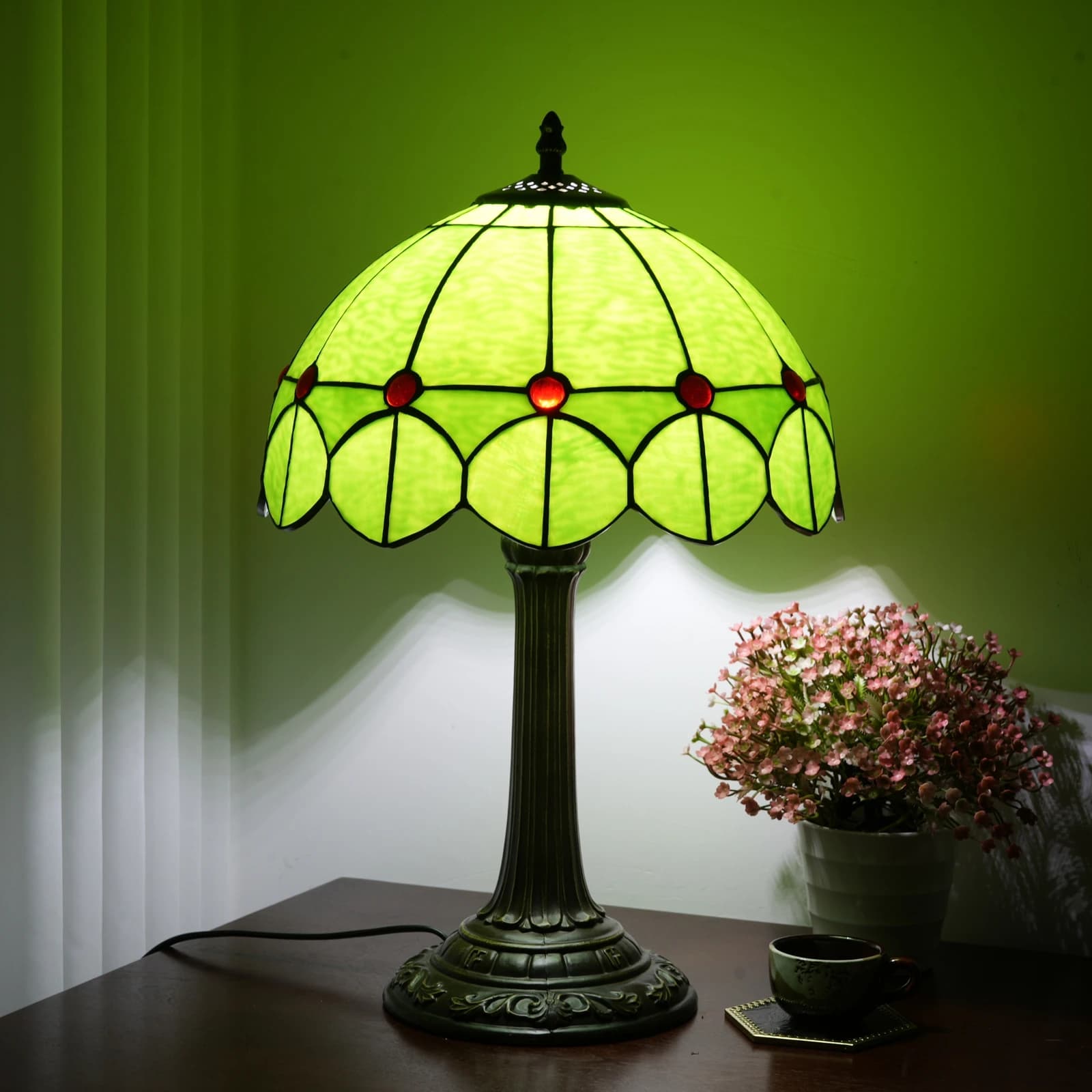 Tiffany Lamp Stained Glass Table Lamp 12 Inches Green Desk Reading Light Decor Beside Bedroom Living Room Home Christmas Gift