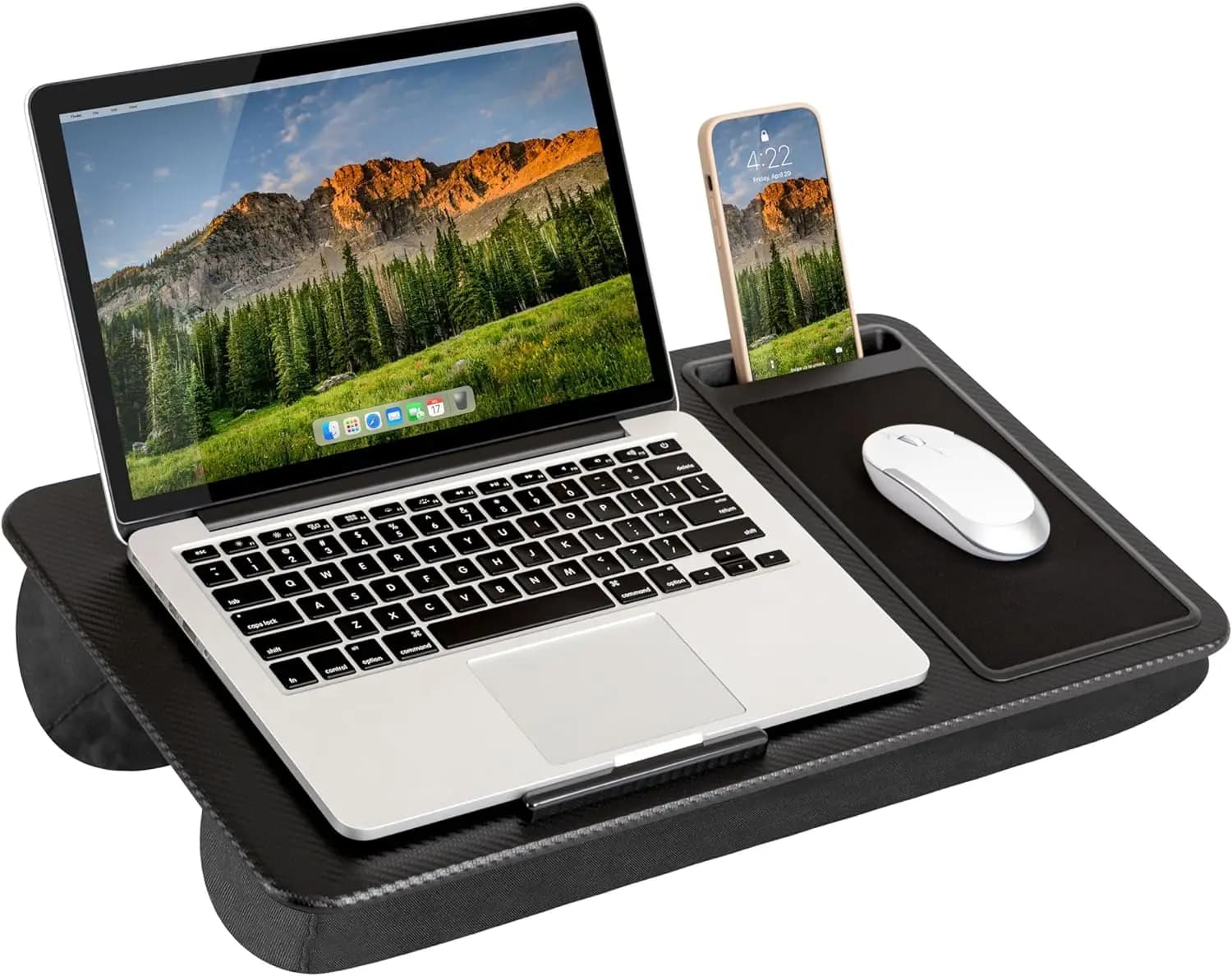 Supporto per laptop con ripiano per dispositivo, tappetino per mouse e supporto per telefono - Adatto a laptop da 15,6 pollici - Nero Carbonio