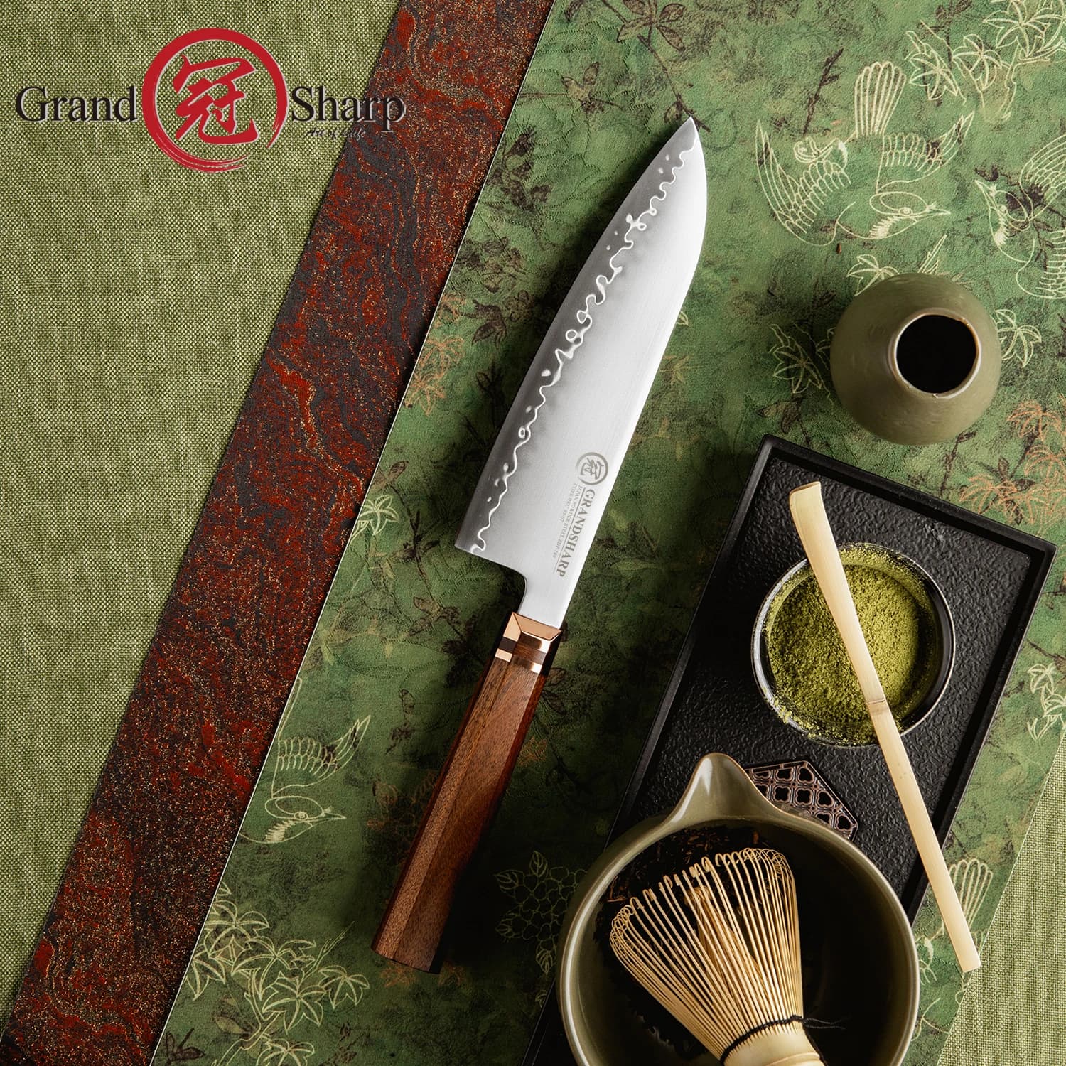 Coltello Santoku Grandsharp 7.5'' con Nucleo in Acciaio ZDP-189, Manico in Legno Africano Mkuruti, Design Ergonomico, Coltello da Cucina di Precisione