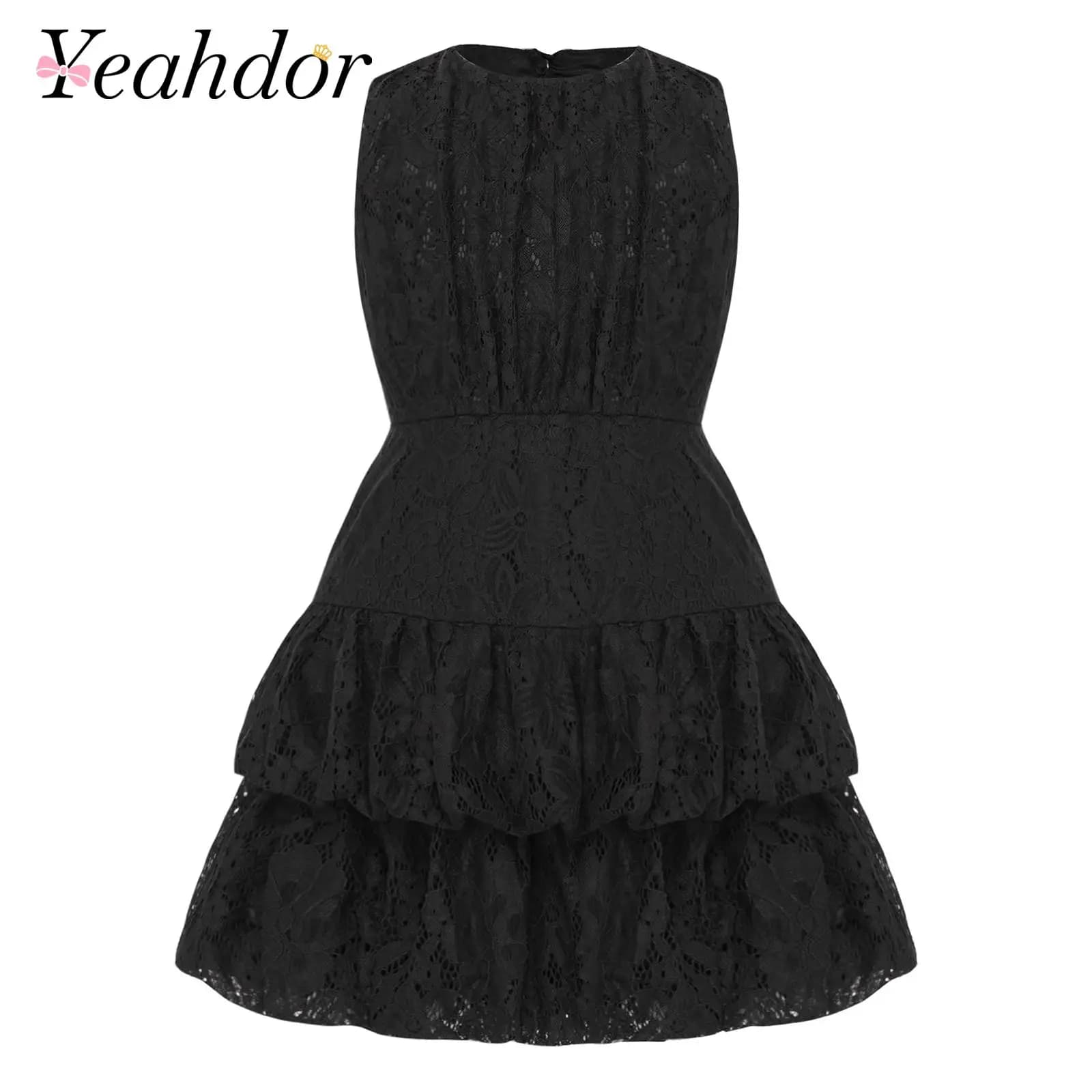 Abito da damigella per bambine, elegante vestito da festa in pizzo floreale con orlo a balze, senza maniche, costume di compleanno per bambina