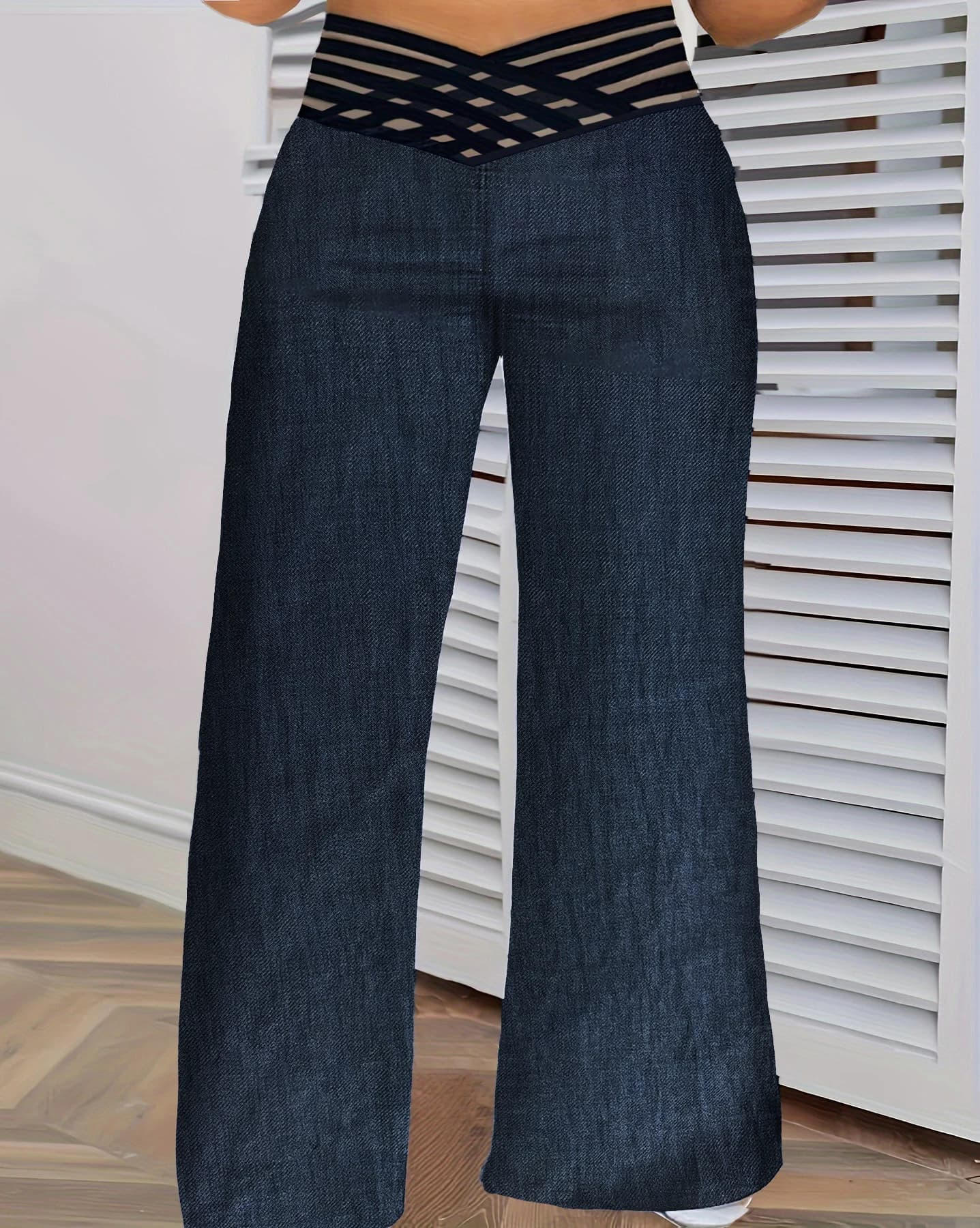 Jeans da Donna Taglie Forti a Vita Alta con Rete Incrociata, Gamba Larga in Denim, Casual Primavera Estate, Elasticizzati