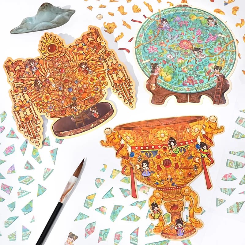 4 Sheets Guofeng Treasure Repair Die-cut PET Sticker Set, Antique Imperial Craft Puzzle Craft Stickers