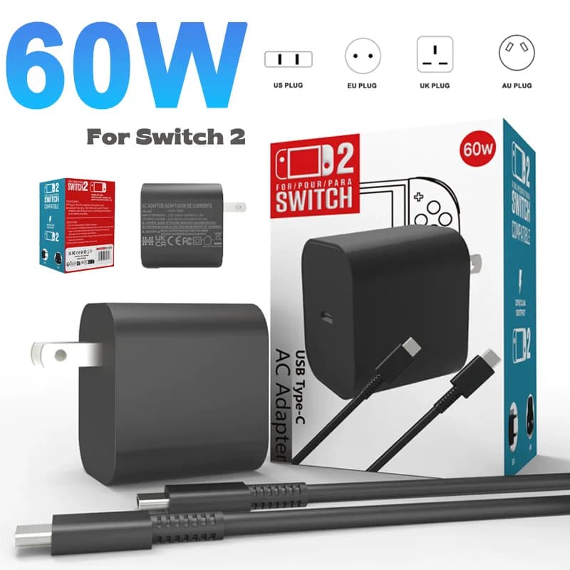 Caricabatterie rapido da 60 W per Nintendo Switch 2 2025 con spina e cavo US/UK/EU/AU Adattatore di alimentazione USB-C per mini testa di ricarica per console NS2