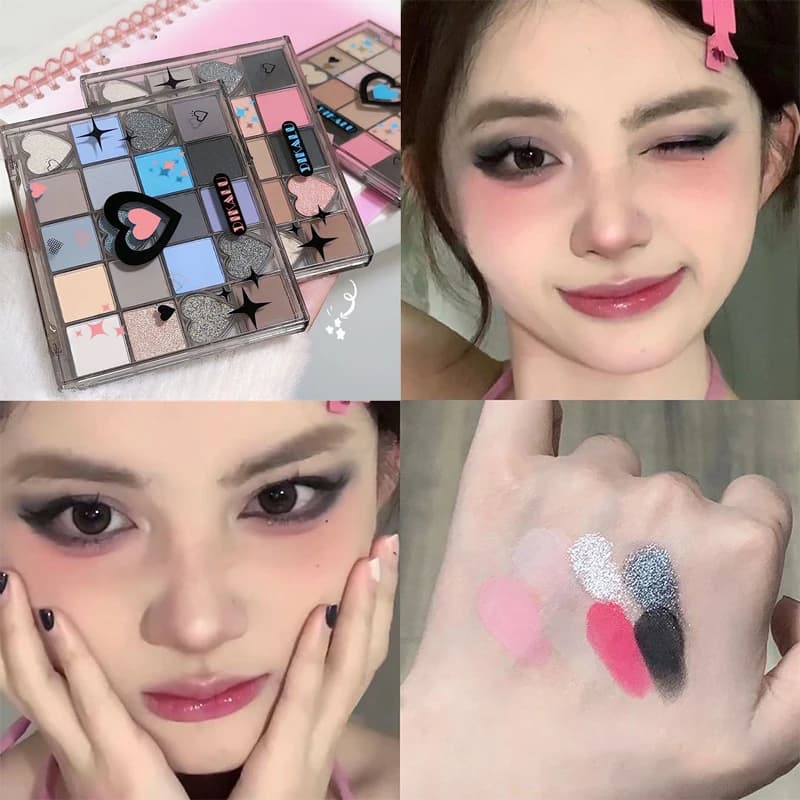 DIKALU Sweetheart Eyeshadow Palette Tonic Fresh Opaque Light Pearl Polished Black Pink Smokey Blue Punk Metal Umbrellas Makeup