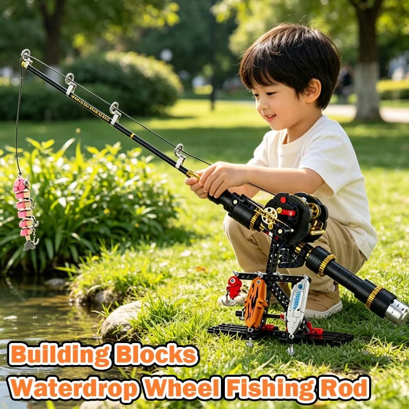 Waterdrop Wheel Fishing Rod Building Blocks Set Mechanical Transmission Simulation Fishing Reel Model Toys for Kids Adult Gifts