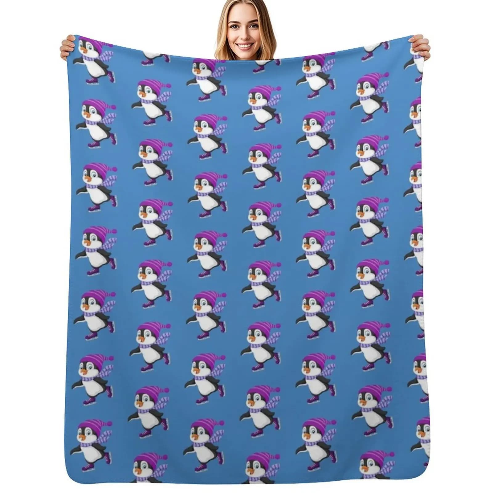Coperta Morbida e Calda con Motivo di Pinguino su Pattini con Cappello Viola, Senza Pelucchi, per Letto