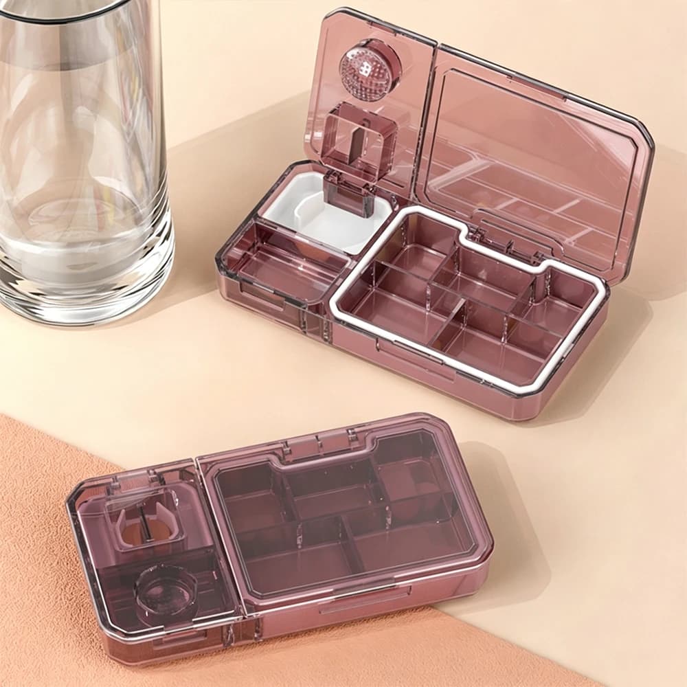 5-Compartment Pill Organizer with Cutter & Crusher,Small Travel Pill Box for Pocket/Purse,Daily Vitamin Supplement Medicine Case