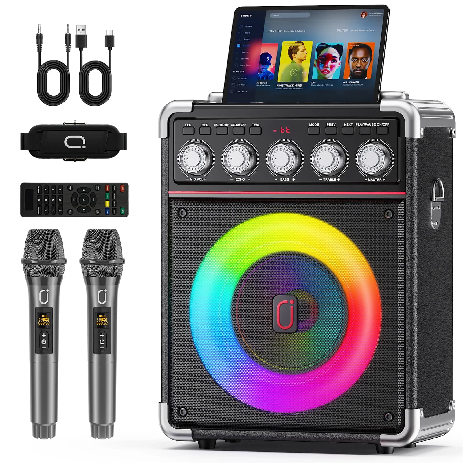 Karaoke TX05, Karaoke Bluetooth Speaker Portable with 2 Wireless Microphones, PA System with Low/High/Eco Adjustment