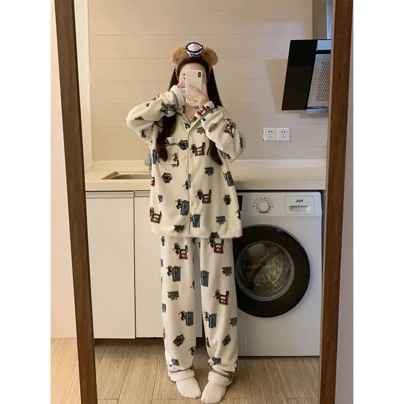 Popular Women Pajamas Set Winter Warm Coral Fleece Flannel Sleepwear Long Sleeve Homewear Loungewear Cozy Home Outfit