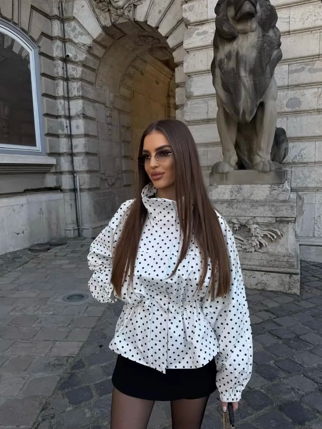 Berlin Gallery American Retro Polka Dot Design Casual Fashionable Waist Cinching Stand Collar Jacket Short Length Zipper