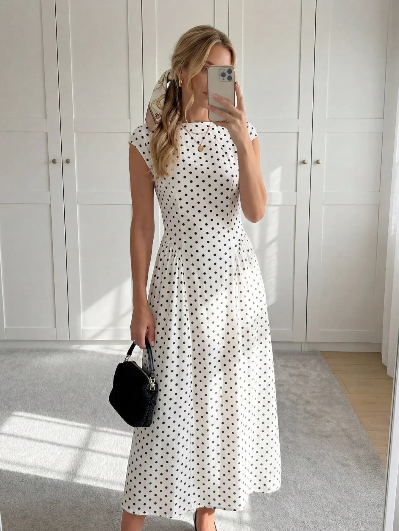 Abito midi da donna a pois con maniche a cappuccio, collo alto, linea ad A, casual estivo