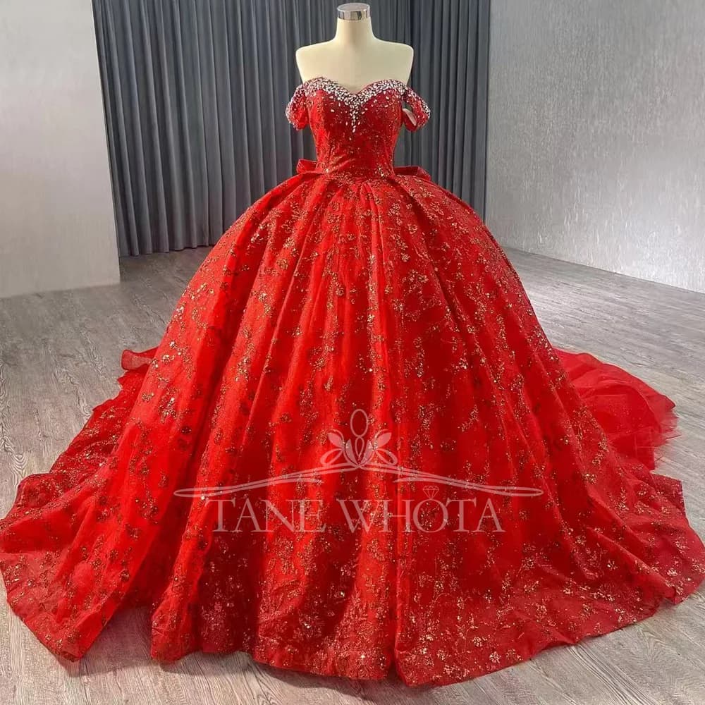 Abito da sera rosso personalizzabile Sweetheart con spalle scoperte Allacciatura sul retro Fiocco con paillettes in cristallo con perline Vestido De Noche