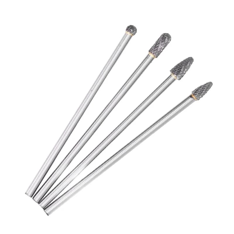 Set of 4 rotary cutters in extended carbide with 1/4 inch stem, HRC70 tungsten steel grinding head, bearing and engraving tools