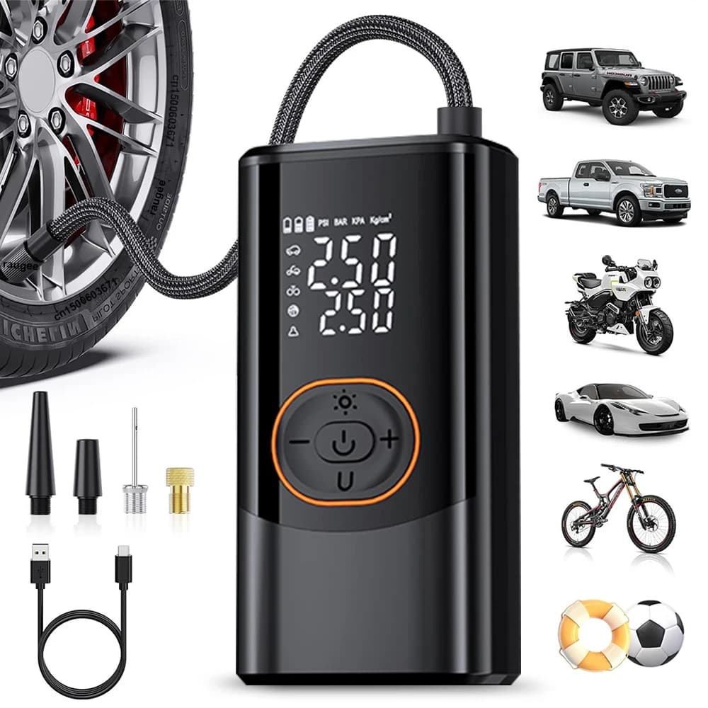 Compressore d'aria portatile senza fili, pompa elettrica per pneumatici con display digitale, per auto, moto, biciclette e palloni.