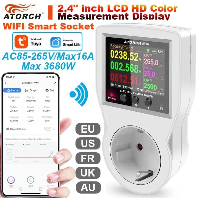 AC85-265V 16A Tuya WIFI Intelligent Digital Wattmeter Electricity Consumption Power Kwh With Power Energy Meter Switch
