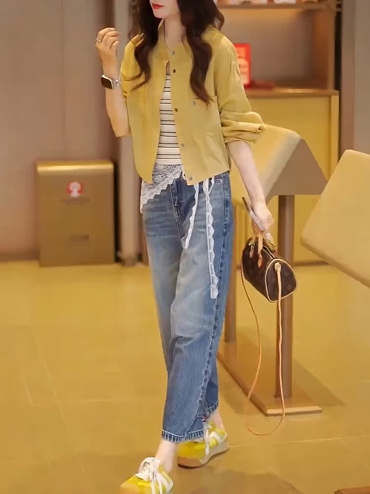 Spring Summer Women's Three-Piece Set Sun Protection Outerwear Striped Vest Jeans Anti-Aging Casual Style Comfortable Fit