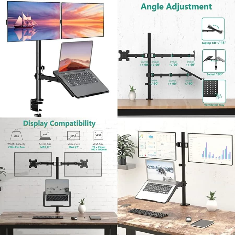 Supporto da scrivania per laptop e monitor, per notebook da 17 pollici e fino a 27 schermi, supporto per monitor regolabile extra alto con vassoio per laptop, V