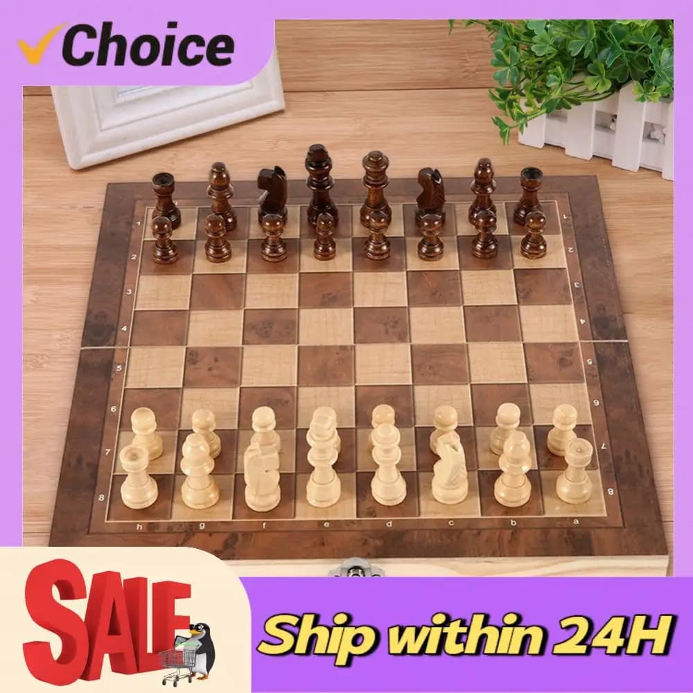 3 in 1 Chess Game Board Folding Storage Wooden Chess and Checkers Game Set Travel Chess Sets for Chess Board Game
