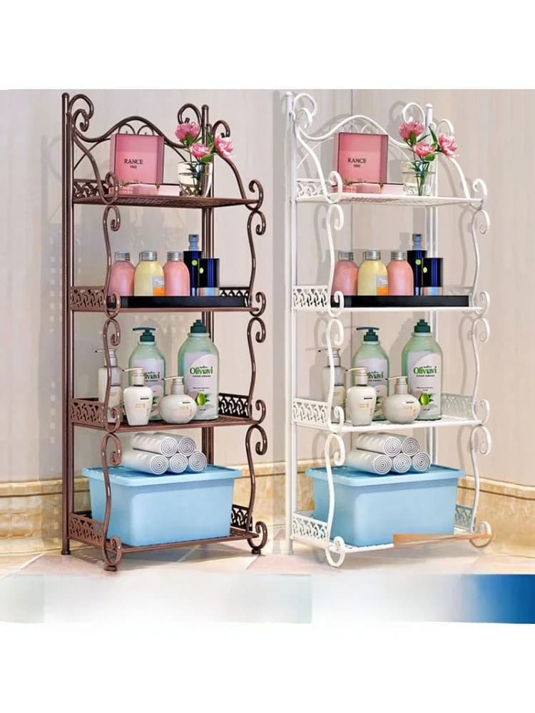 Scaffale Moderno in Ferro Battuto da Terra per Bagno e Soggiorno, Scaffalatura Multilivello Senza Foratura, Organizzatore da Cucina con Design ad Angolo