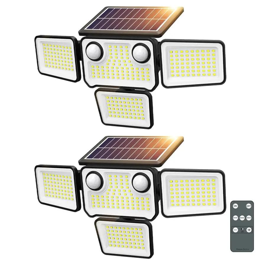 Luci solari da esterno impermeabili, luci di inondazione solari da 254 LED da esterno con 2 sensori di movimento, luce di sicurezza a 4 teste con telecomando